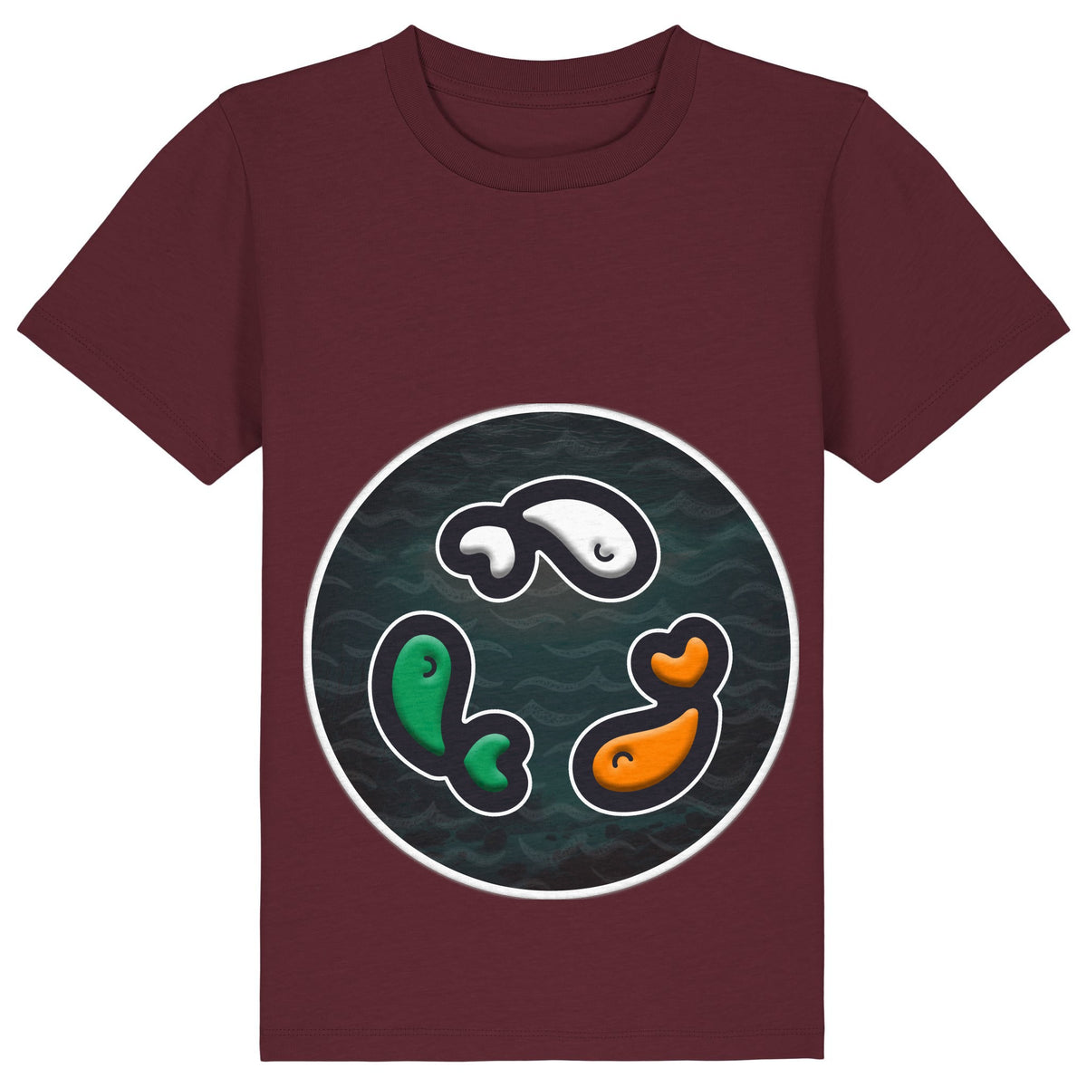 PFT Fish - Circle - Dark | T-Shirt | Kids | Crewneck Short Sleeve | 155gsm Medium Fit | Burgundy