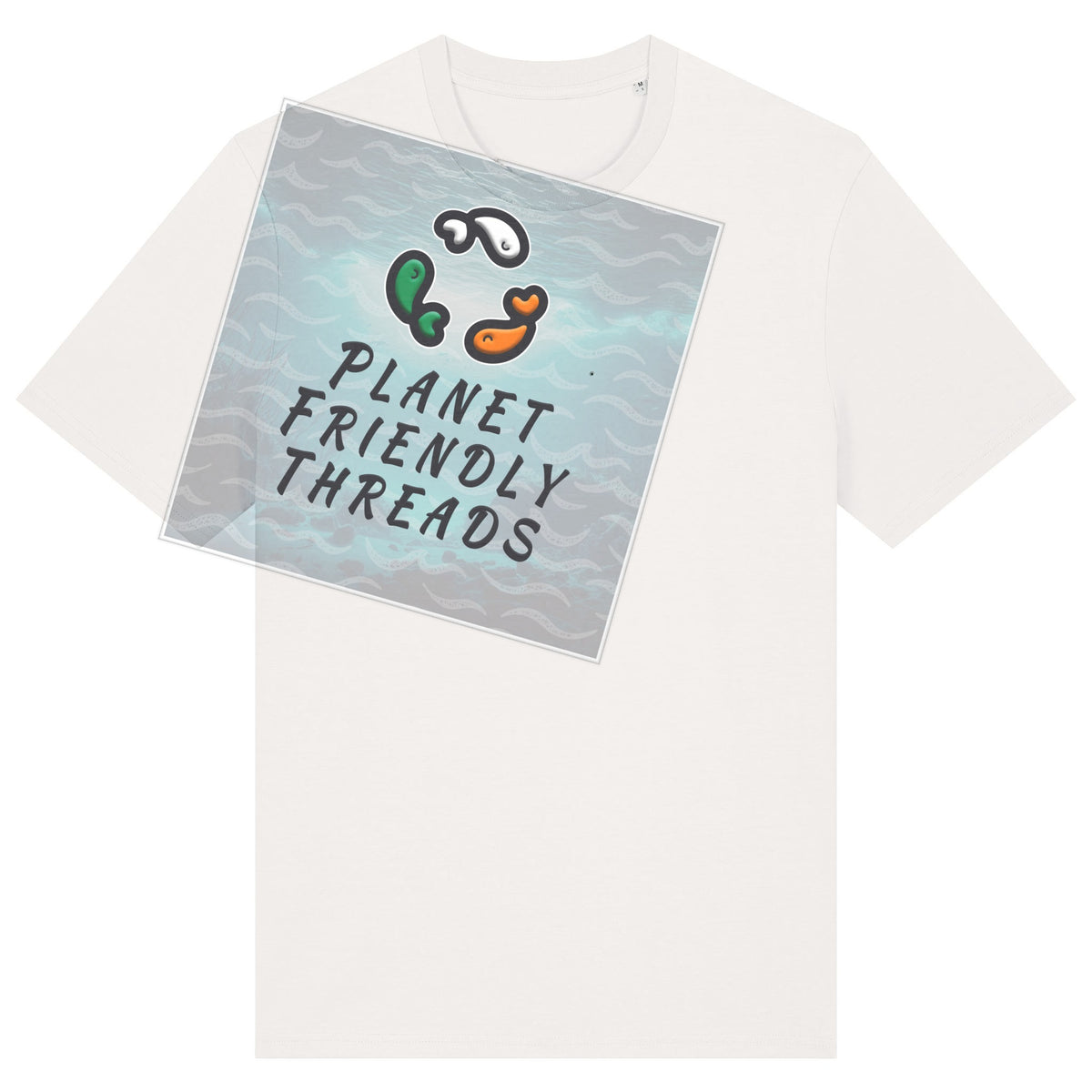 Planet Friendly Logo - Square - Ocean Light | T-Shirt | Adult | Crewneck Short Sleeve | 180gsm Medium Fit | Off White