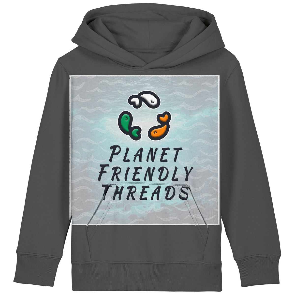 Planet Friendly Logo - Square - Ocean Light | Hoodie | Kids | Cosy | 300gsm Medium Fit | Anthracite