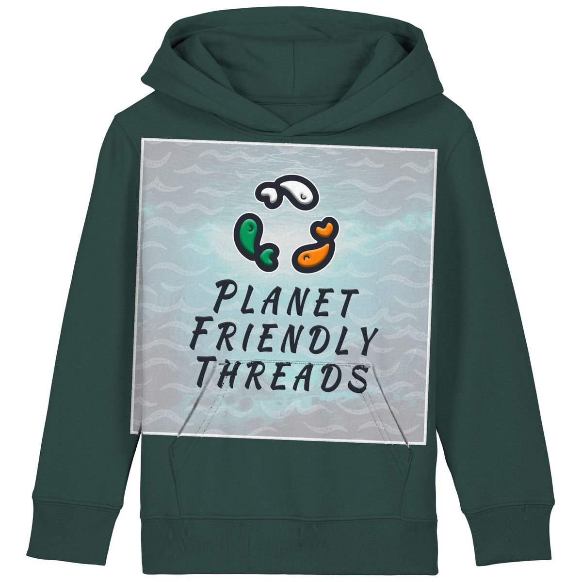 Planet Friendly Logo - Square - Ocean Light | Hoodie | Kids | Cosy | 300gsm Medium Fit | Glazed Green