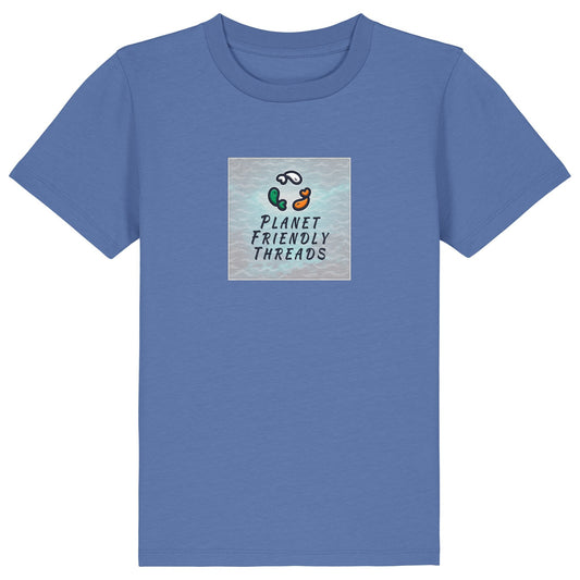 Planet Friendly Logo - Square - Ocean Light | T-Shirt | Kids | Crewneck Short Sleeve | 155gsm Medium Fit | Bright Blue