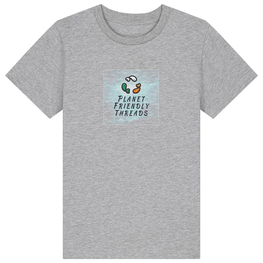 Planet Friendly Logo - Square - Ocean Light | T-Shirt | Kids | Crewneck Short Sleeve | 155gsm Medium Fit | Heather Grey