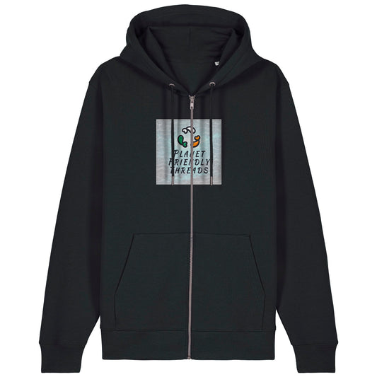 Planet Friendly Logo - Square - Ocean Light | Hoodie | Adult | Zip | 350gsm Medium Fit | Black