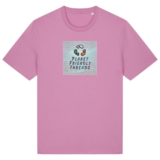 Planet Friendly Logo - Square - Ocean Light | T-Shirt | Adult | Crewneck Short Sleeve | 180gsm Medium Fit | Bubble Pink
