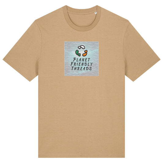Planet Friendly Logo - Square - Ocean Light | T-Shirt | Adult | Crewneck Short Sleeve | 180gsm Medium Fit | Latte