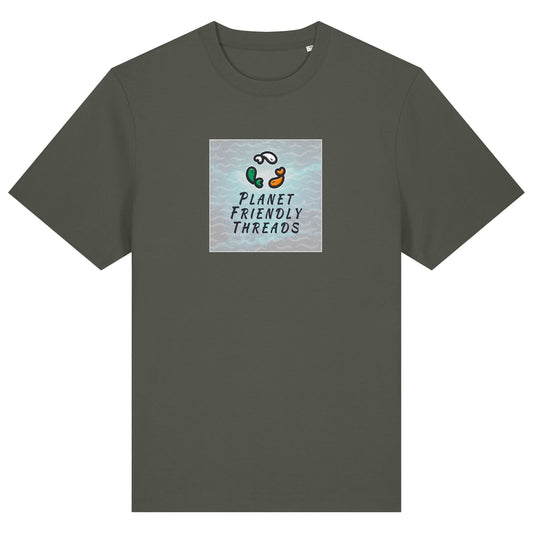 Planet Friendly Logo - Square - Ocean Light | T-Shirt | Adult | Crewneck Short Sleeve | 215gsm Relaxed Fit | Khaki