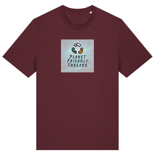 Planet Friendly Logo - Square - Ocean Light | T-Shirt | Adult | Crewneck Short Sleeve | 180gsm Medium Fit | Burgundy