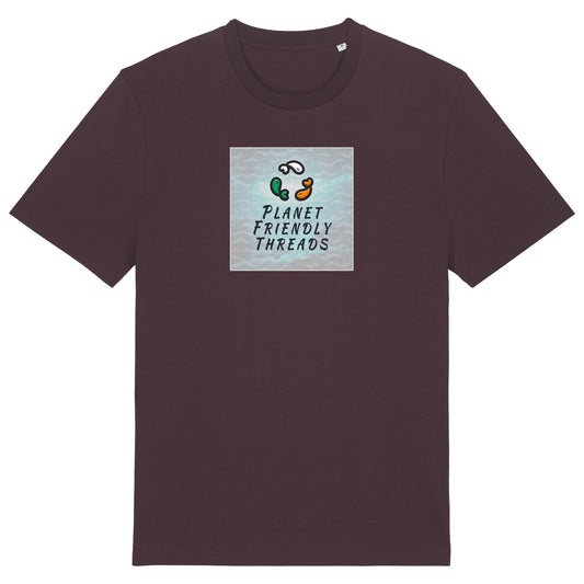 Planet Friendly Logo - Square - Ocean Light | T-Shirt | Adult | Crewneck Short Sleeve | 180gsm Medium Fit | Red Brown
