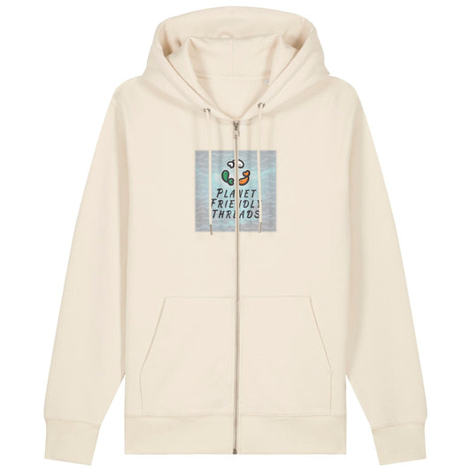 Planet Friendly Logo - Square - Ocean Light | Hoodie | Adult | Zip | 350gsm Medium Fit | Natural Raw