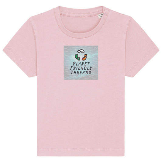 Planet Friendly Logo - Square - Ocean Light | T-Shirt | Baby | Crewneck Short Sleeve | 155gsm Medium Fit | Cotton Pink