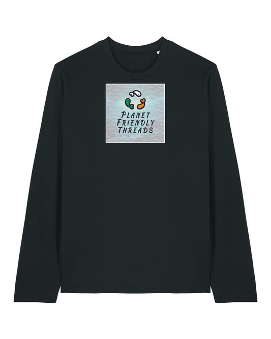 Planet Friendly Logo - Square - Ocean Light | T-Shirt | Adult | Crewneck Long Sleeve | 180gsm Medium Fit | Black