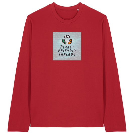 Planet Friendly Logo - Square - Ocean Light | T-Shirt | Adult | Crewneck Long Sleeve | 180gsm Medium Fit | Red