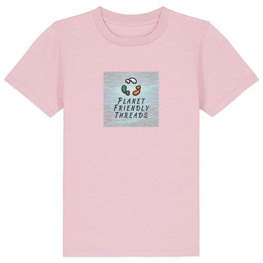 Planet Friendly Logo - Square - Ocean Light | T-Shirt | Kids | Crewneck Short Sleeve | 155gsm Medium Fit | Cotton Pink