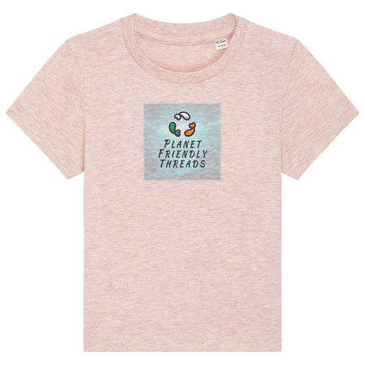Planet Friendly Logo - Square - Ocean Light | T-Shirt | Baby | Crewneck Short Sleeve | 155gsm Medium Fit | Cream Heather Pink