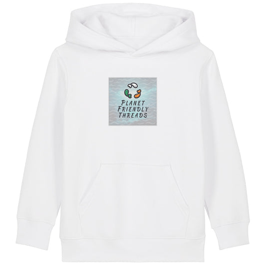 Planet Friendly Logo - Square - Ocean Light | Hoodie | Kids | Cosy | 300gsm Medium Fit | White