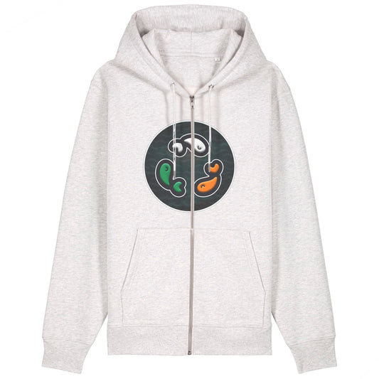 PFT Fish - Circle - Dark | Hoodie | Adult | Zip | 350gsm Medium Fit | Cool Heather Grey