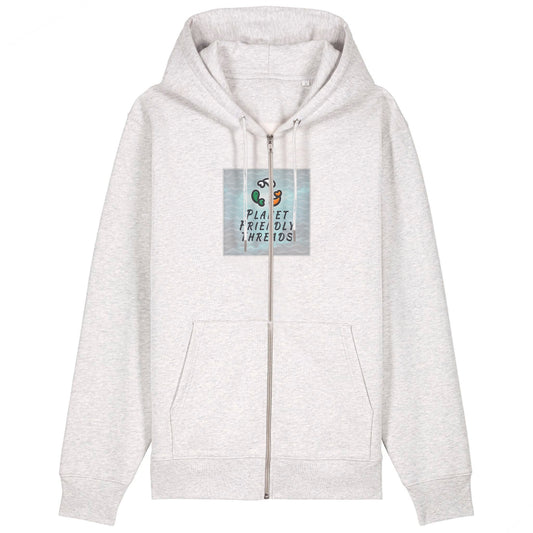 Planet Friendly Logo - Square - Ocean Light | Hoodie | Adult | Zip | 350gsm Medium Fit | Cool Heather Grey