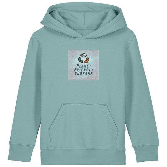 Planet Friendly Logo - Square - Ocean Light | Hoodie | Kids | Cosy | 300gsm Medium Fit | Teal Monstera