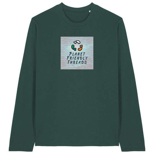 Planet Friendly Logo - Square - Ocean Light | T-Shirt | Adult | Crewneck Long Sleeve | 180gsm Medium Fit | Glazed Green