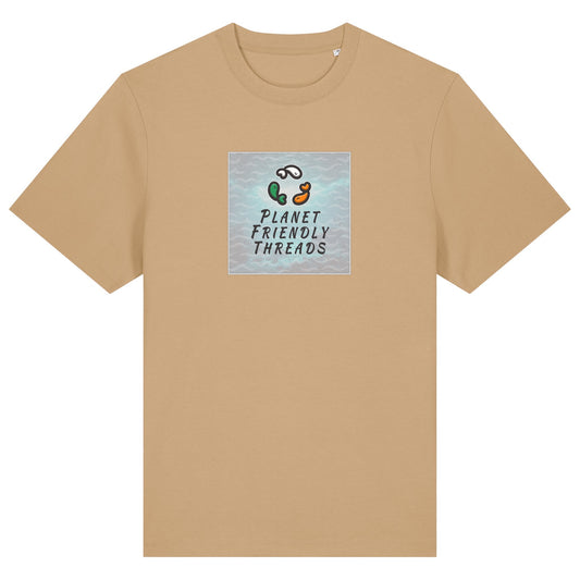 Planet Friendly Logo - Square - Ocean Light | T-Shirt | Adult | Crewneck Short Sleeve | 215gsm Relaxed Fit | Latte