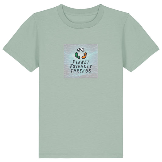 Planet Friendly Logo - Square - Ocean Light | T-Shirt | Kids | Crewneck Short Sleeve | 155gsm Medium Fit | Aloe