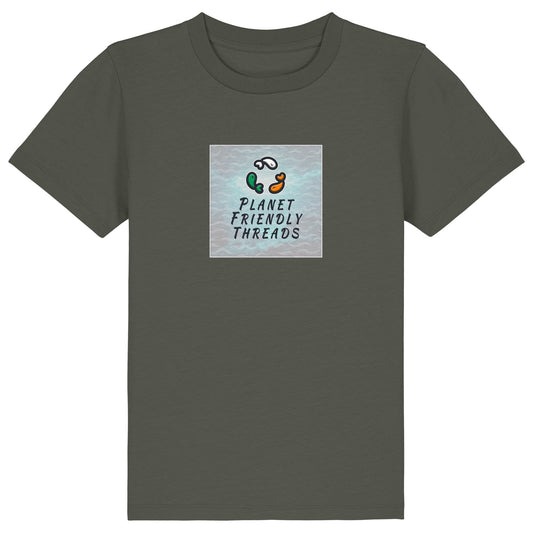 Planet Friendly Logo - Square - Ocean Light | T-Shirt | Kids | Crewneck Short Sleeve | 155gsm Medium Fit | Khaki
