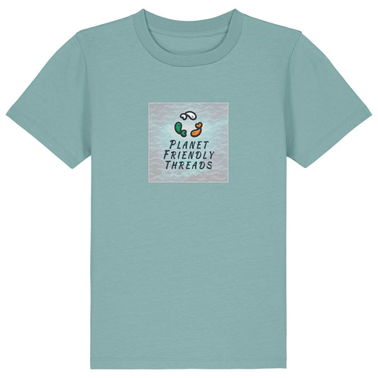 Planet Friendly Logo - Square - Ocean Light | T-Shirt | Kids | Crewneck Short Sleeve | 155gsm Medium Fit | Teal Monstera