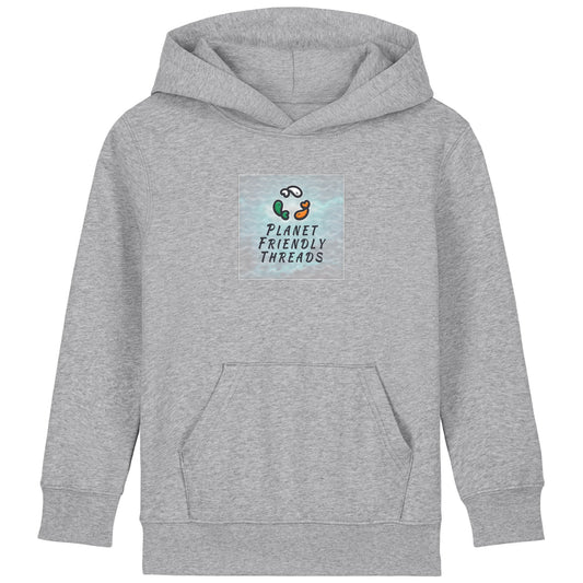 Planet Friendly Logo - Square - Ocean Light | Hoodie | Kids | Cosy | 300gsm Medium Fit | Heather Grey