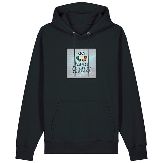 Planet Friendly Logo - Square - Ocean Light | Hoodie | Adult | Cosy | 350gsm Medium Fit | Black