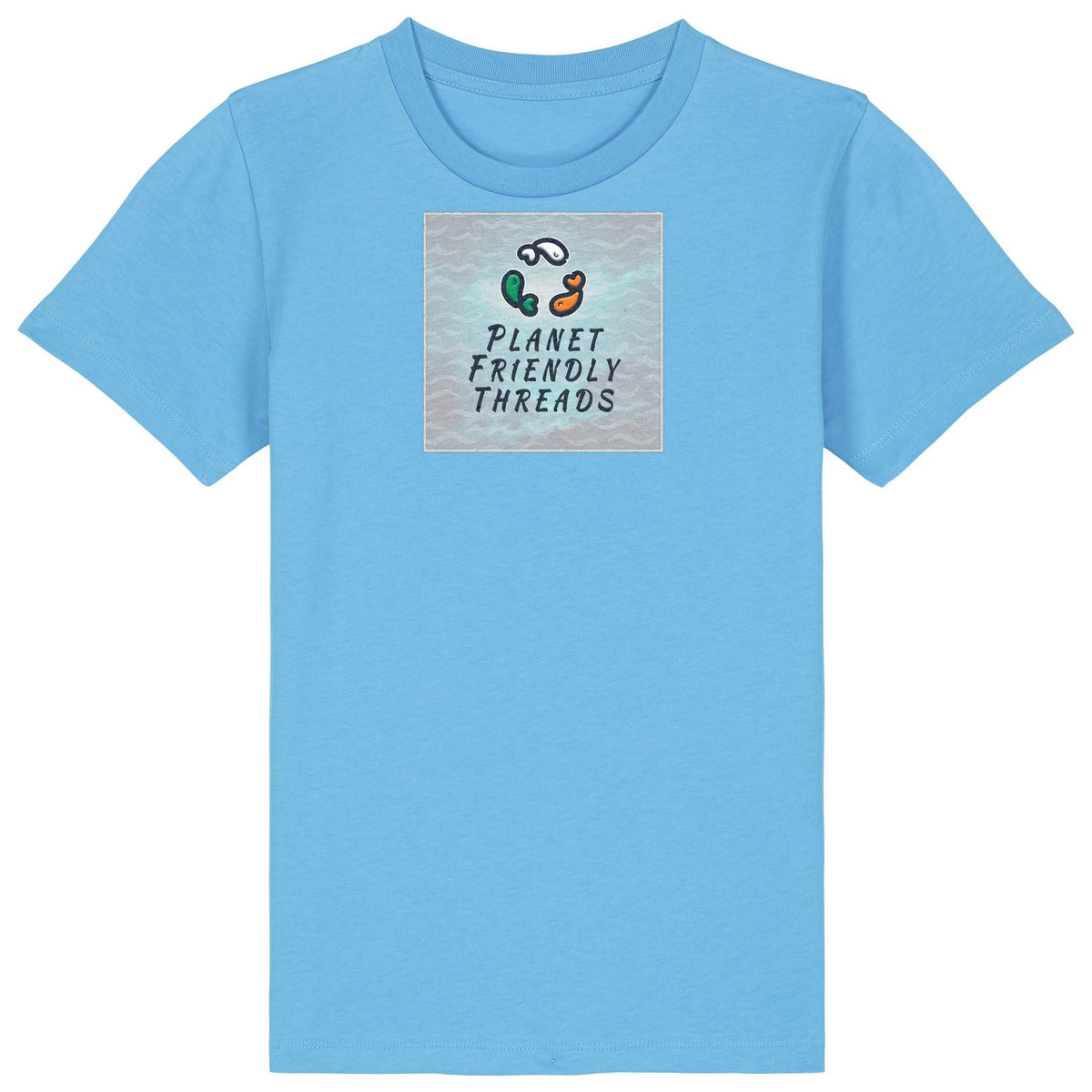Planet Friendly Logo - Square - Ocean Light | T-Shirt | Kids | Crewneck Short Sleeve | 155gsm Medium Fit | Aqua Blue