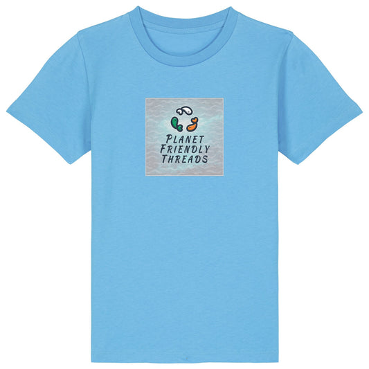 Planet Friendly Logo - Square - Ocean Light | T-Shirt | Kids | Crewneck Short Sleeve | 155gsm Medium Fit | Aqua Blue
