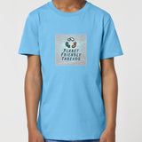 Planet Friendly Logo - Square - Ocean Light | T-Shirt | Kids | Crewneck Short Sleeve | 155gsm Medium Fit | Aqua Blue