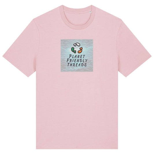 Planet Friendly Logo - Square - Ocean Light | T-Shirt | Adult | Crewneck Short Sleeve | 180gsm Medium Fit | Cotton Pink