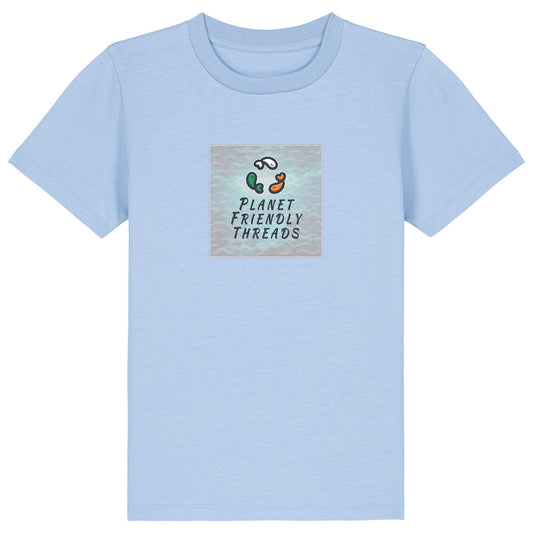 Planet Friendly Logo - Square - Ocean Light | T-Shirt | Kids | Crewneck Short Sleeve | 155gsm Medium Fit | Blue Soul