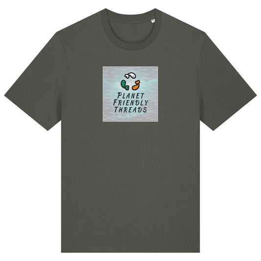 Planet Friendly Logo - Square - Ocean Light | T-Shirt | Adult | Crewneck Short Sleeve | 180gsm Medium Fit | Khaki