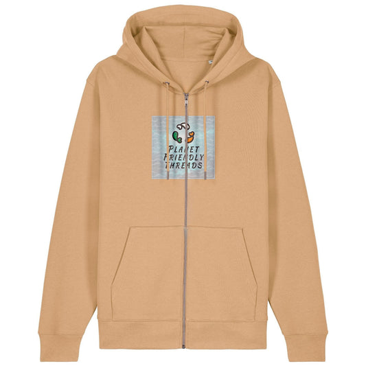 Planet Friendly Logo - Square - Ocean Light | Hoodie | Adult | Zip | 350gsm Medium Fit | Latte