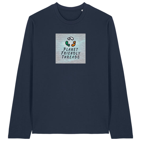 Planet Friendly Logo - Square - Ocean Light | T-Shirt | Adult | Crewneck Long Sleeve | 180gsm Medium Fit | French Navy