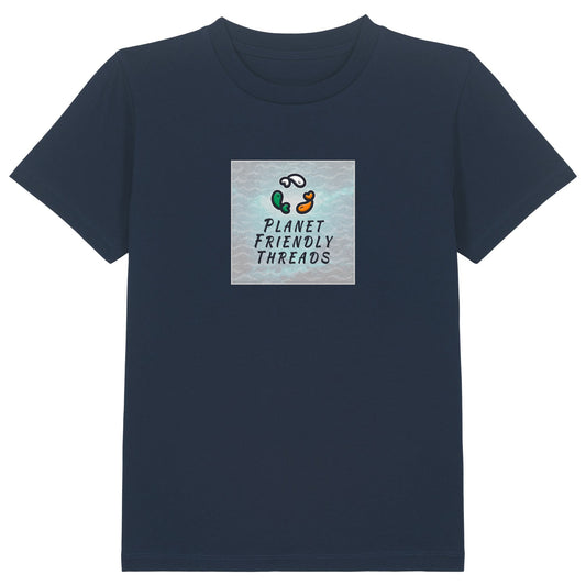 Planet Friendly Logo - Square - Ocean Light | T-Shirt | Kids | Crewneck Short Sleeve | 155gsm Medium Fit | French Navy
