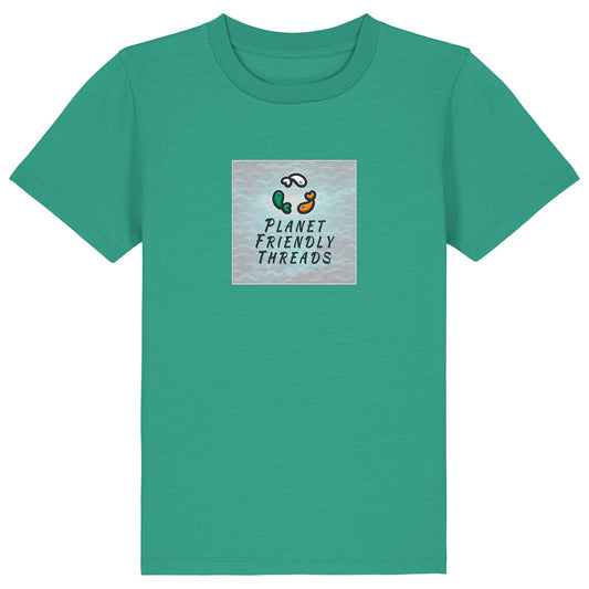 Planet Friendly Logo - Square - Ocean Light | T-Shirt | Kids | Crewneck Short Sleeve | 155gsm Medium Fit | Go Green