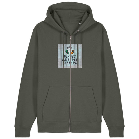 Planet Friendly Logo - Square - Ocean Light | Hoodie | Adult | Zip | 350gsm Medium Fit | Khaki