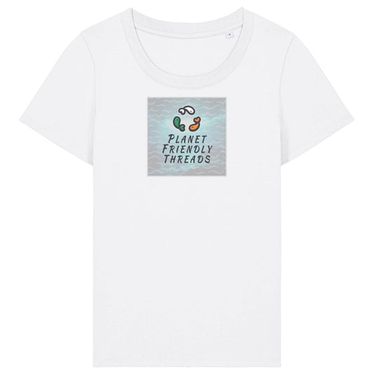 Planet Friendly Logo - Square - Ocean Light | T-Shirt | Adult | Ladies Short Sleeve | 155gsm Fitted | White
