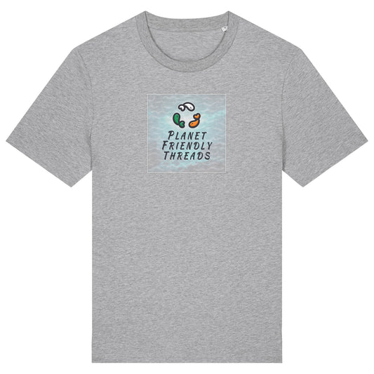 Planet Friendly Logo - Square - Ocean Light | T-Shirt | Adult | Crewneck Short Sleeve | 180gsm Medium Fit | Heather Grey