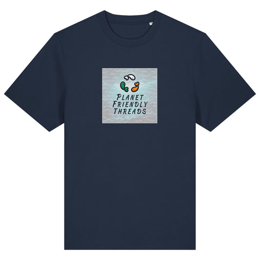 Planet Friendly Logo - Square - Ocean Light | T-Shirt | Adult | Crewneck Short Sleeve | 215gsm Relaxed Fit | French Navy