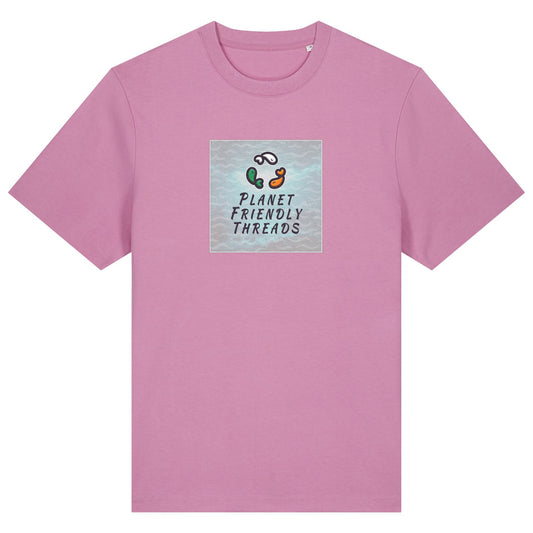 Planet Friendly Logo - Square - Ocean Light | T-Shirt | Adult | Crewneck Short Sleeve | 215gsm Relaxed Fit | Bubble Pink