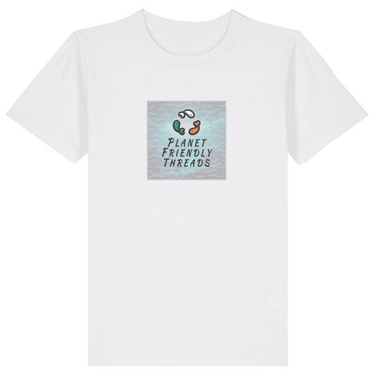 Planet Friendly Logo - Square - Ocean Light | T-Shirt | Kids | Crewneck Short Sleeve | 155gsm Medium Fit | White