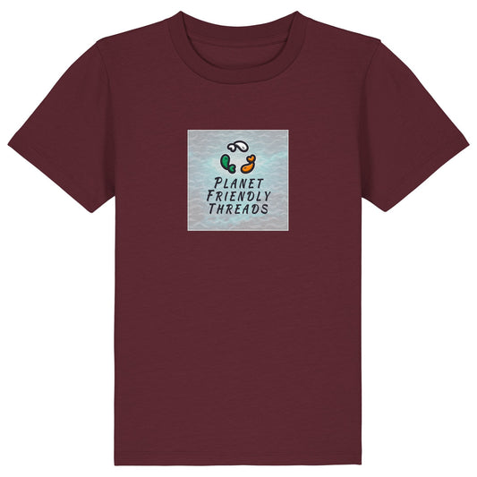 Planet Friendly Logo - Square - Ocean Light | T-Shirt | Kids | Crewneck Short Sleeve | 155gsm Medium Fit | Burgundy
