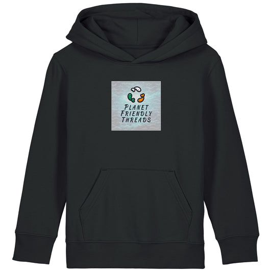 Planet Friendly Logo - Square - Ocean Light | Hoodie | Kids | Cosy | 300gsm Medium Fit | Black