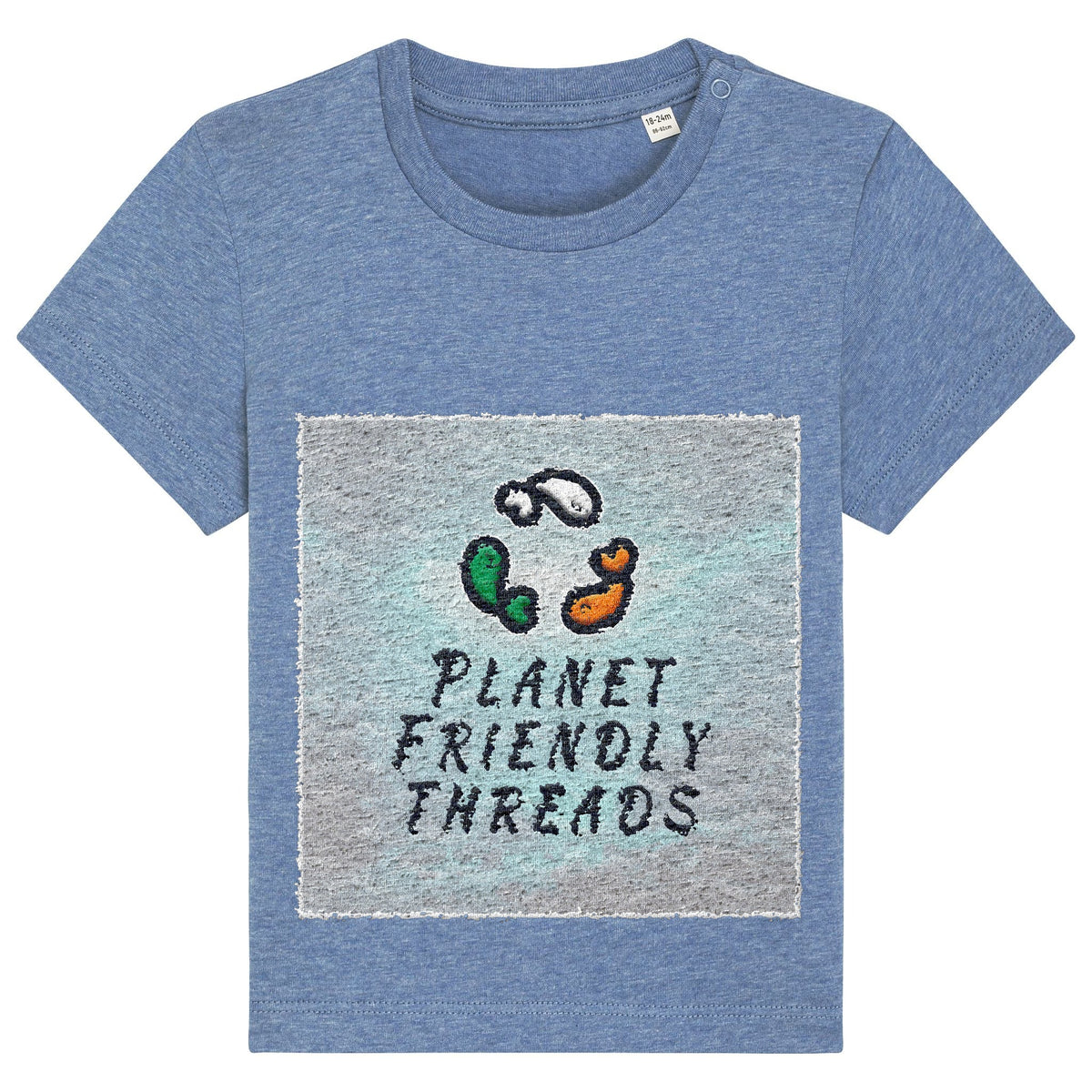 Planet Friendly Logo - Square - Ocean Light | T-Shirt | Baby | Crewneck Short Sleeve | 155gsm Medium Fit | Mid Heather Blue
