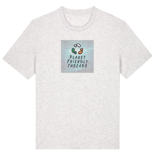 Planet Friendly Logo - Square - Ocean Light | T-Shirt | Adult | Crewneck Short Sleeve | 180gsm Medium Fit | Cool Heather Grey