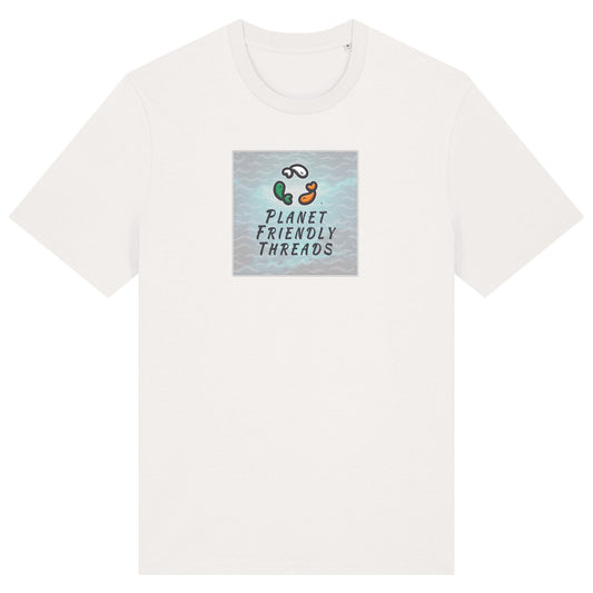 Planet Friendly Logo - Square - Ocean Light | T-Shirt | Adult | Crewneck Short Sleeve | 180gsm Medium Fit | Off White